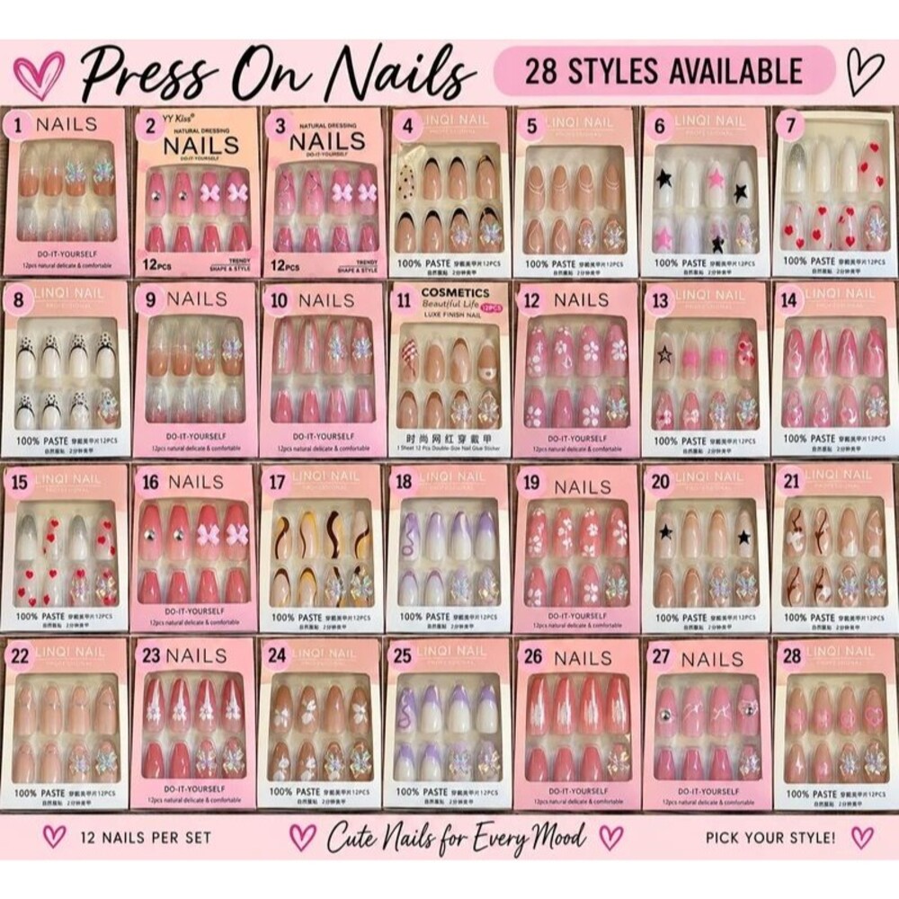 Lot of 50 NEW Press-On Nail Sets Mixed Colors Designs Styles $1 Each
